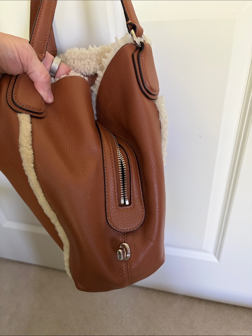 Coach Chestnut Leather Hobo with Cream Shearling Trim - Picture 3 of 13